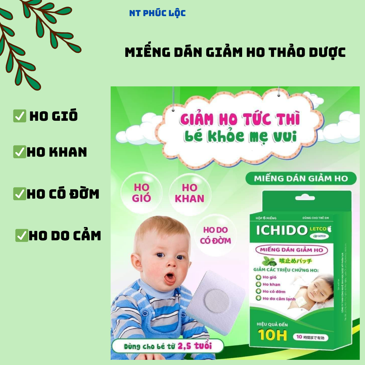 ICHIDO, miếng dán giảm ho cho bé, dán giảm ho thảo dược an toàn