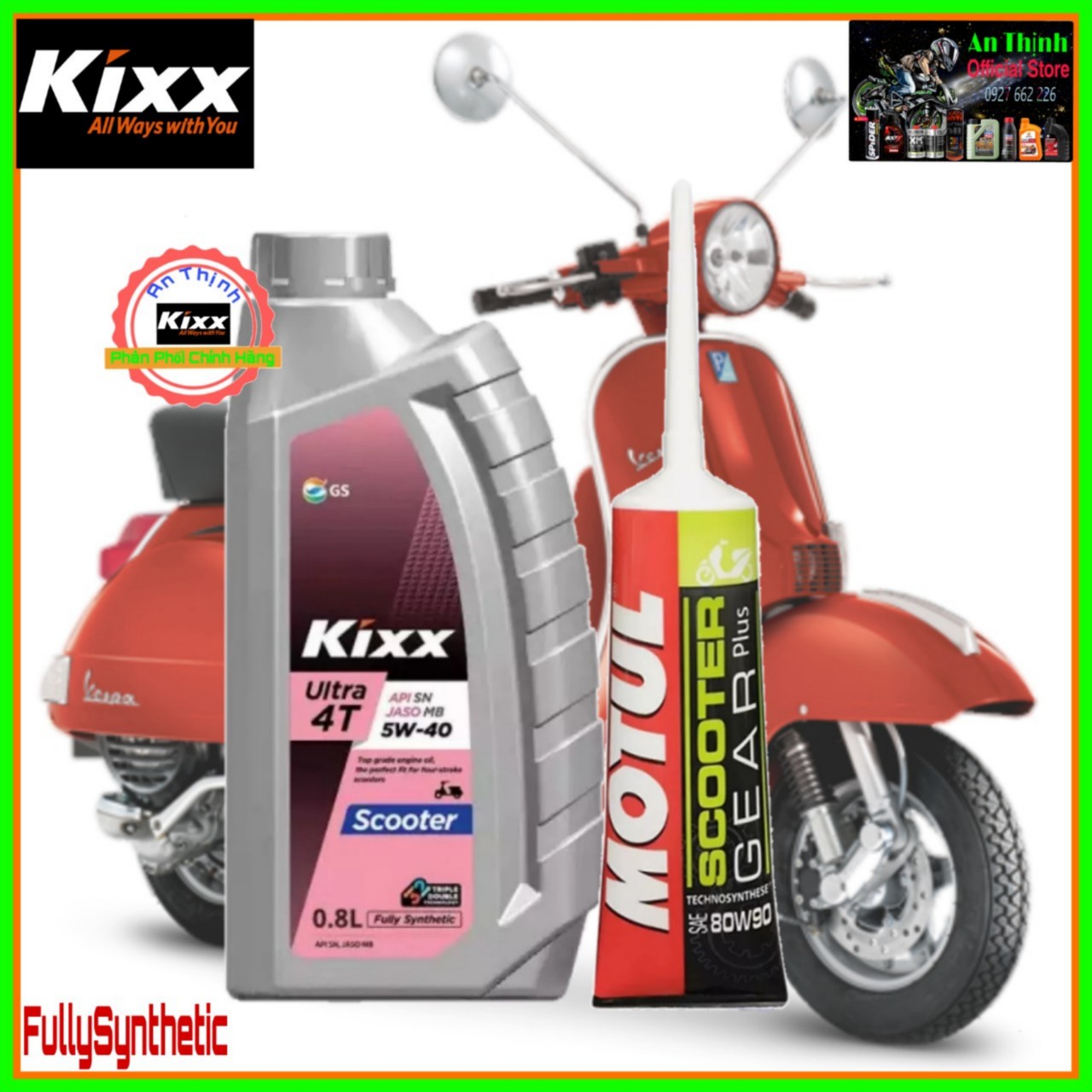 COMBO DẦU NHỚT XE TAY GA KIXX ULTRA 4T SCOOTER SN 5W-40 FULLY-SYNTHETIC 0.8L VÀ NHỚT LÁP HỘP SỐ Motul  Scooter Gear Plus , 8OW90 120ML.