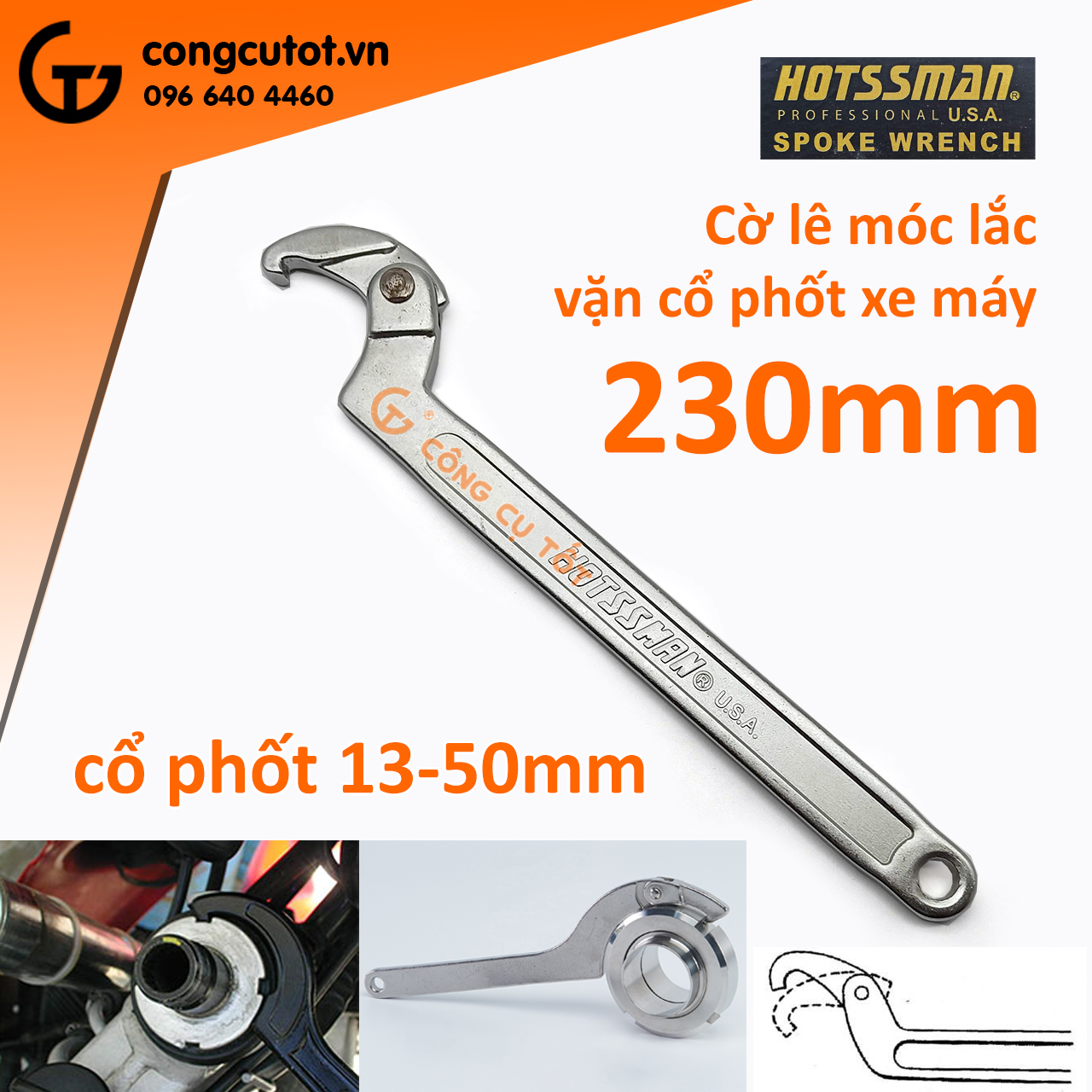 Cờ lê móc cổ xe máy hotssman 33-55mm dài 230mm, 280mm