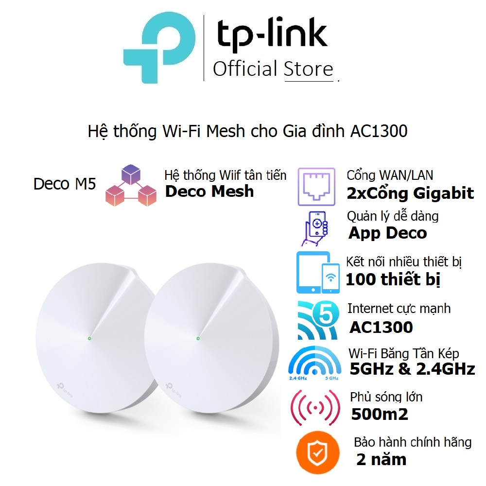 Bộ phát sóng Wifi TP-Link Deco M5 Mesh cho Gia đình AC1300 Kết nối 100 thiết bị, cổng Gigabit, Deco M5 (2 PACK) - Bảo hành 2 năm