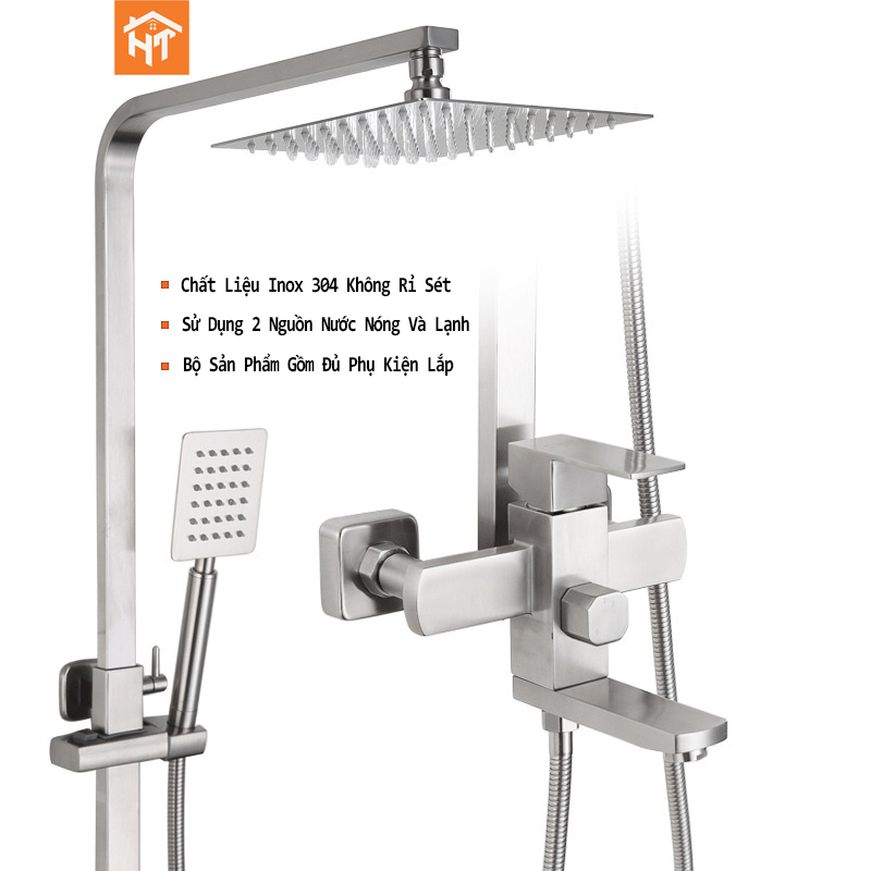 Bộ vòi sen cây tắm đứng nóng lạnh dạng vuông Inox 304 loại dày củ sen nặng 2.5kg