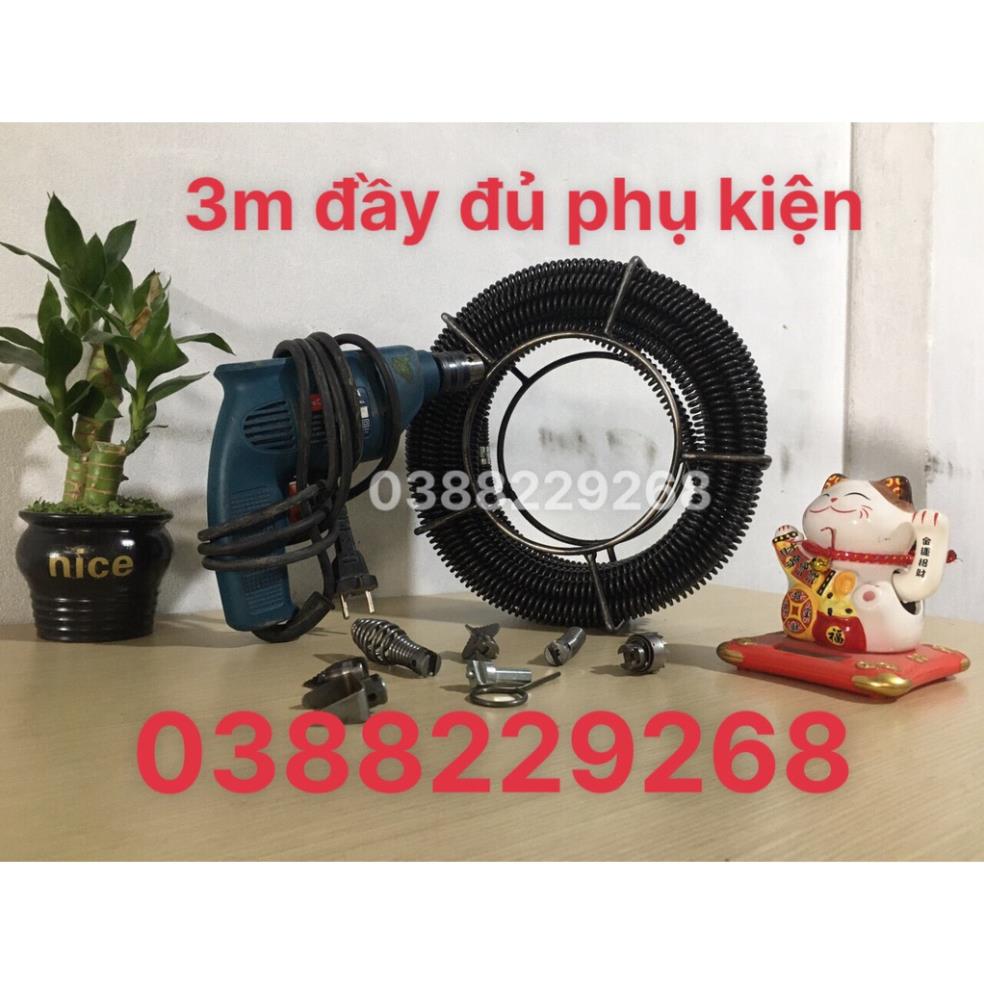 Dây thông cống 3m dây lò + 6 đầu thông + 1 đầu kết nối máy khoan ,dây thông cống, dây thông tắc vệ sinh,thông bồn cầu