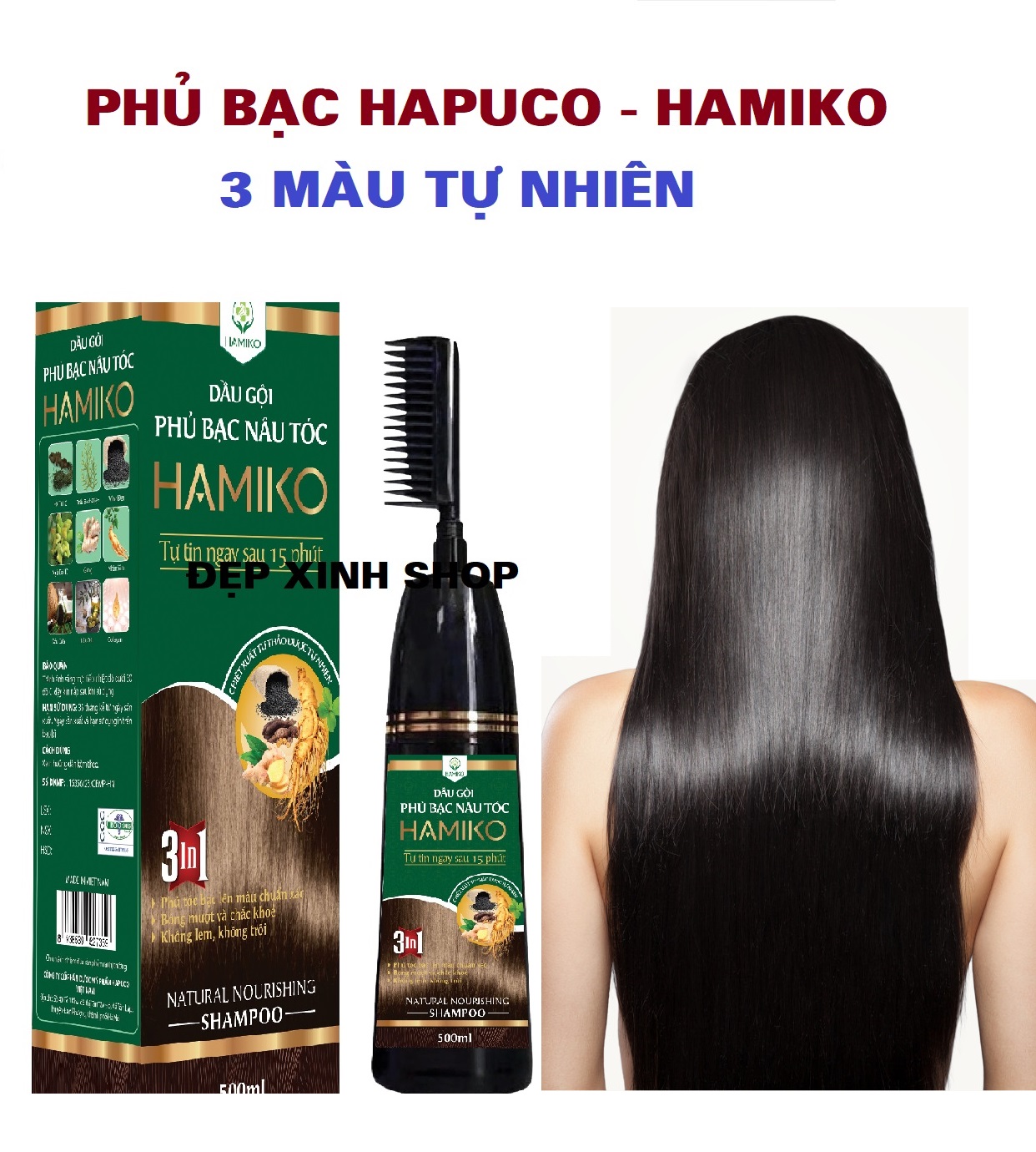 Dầu gội phủ bạc Hamiko - Hapuco 3 màu, nâu đen, nâu sáng, đen