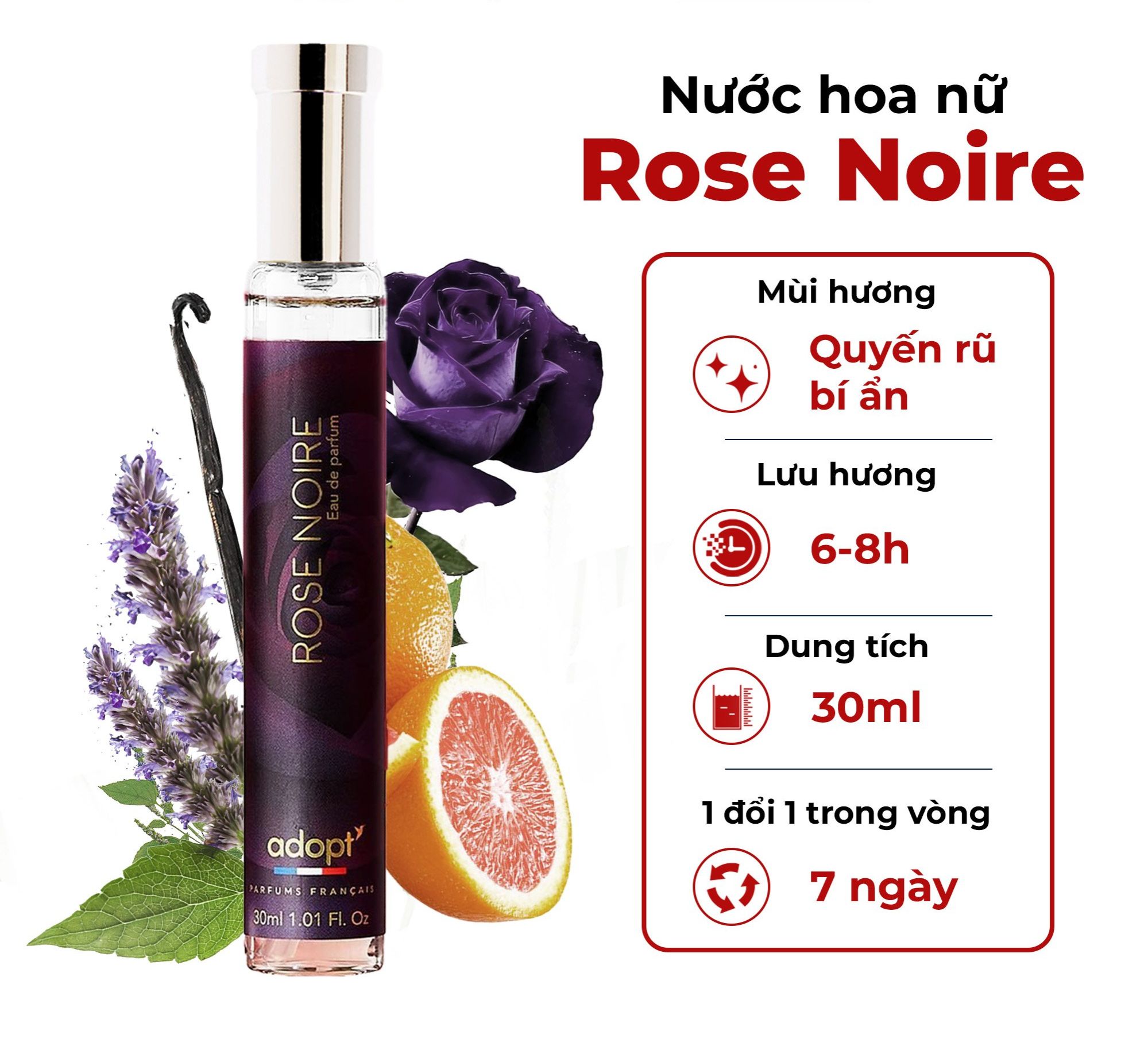 Nước hoa nữ thơm lâu chính hãng cao cấp của Pháp Adopt Rose Noire 30ml lưu hương giữ mùi đến 8h