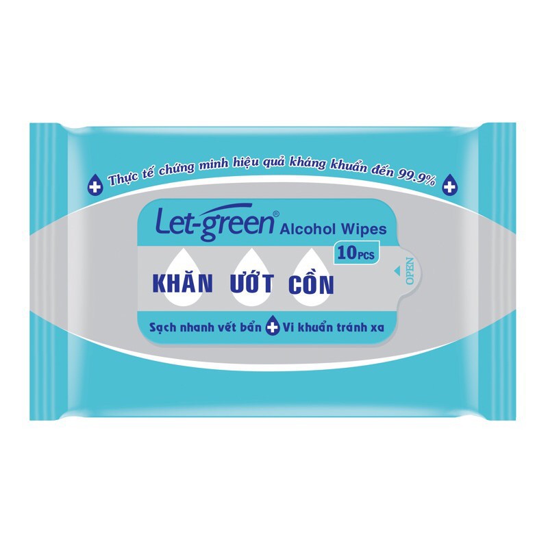 Khăn ướt cồn Let-Green 10 miếng/bao Alcohol Wipes 10pcs