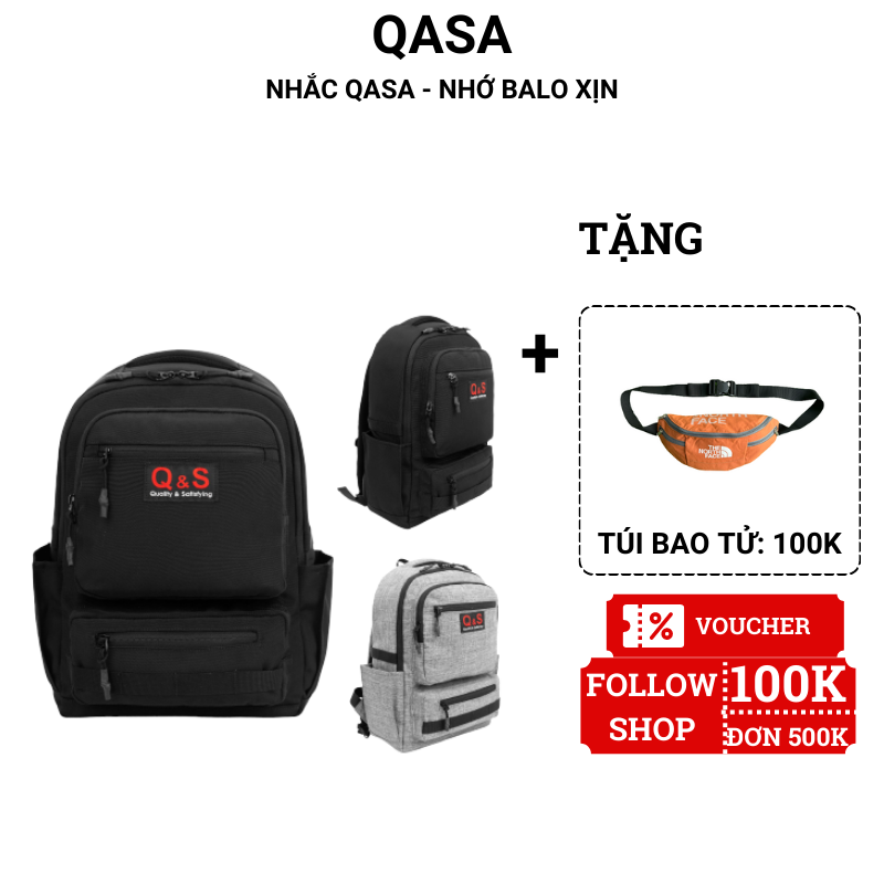 [FREESHIP] Balo cặp học sinh đi học QASA basic vải polyester chống nước chống gù thời trang nam nữ phong cách Hàn quốc
