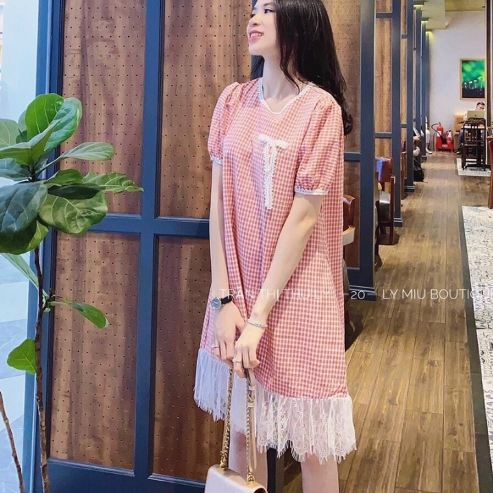 [freeship]đầm nữ caro đỏ tay phồng form dài thích hợp bạn nữ mặc đi dự tiệc đi du lịch cực hot - GIRLY STORE