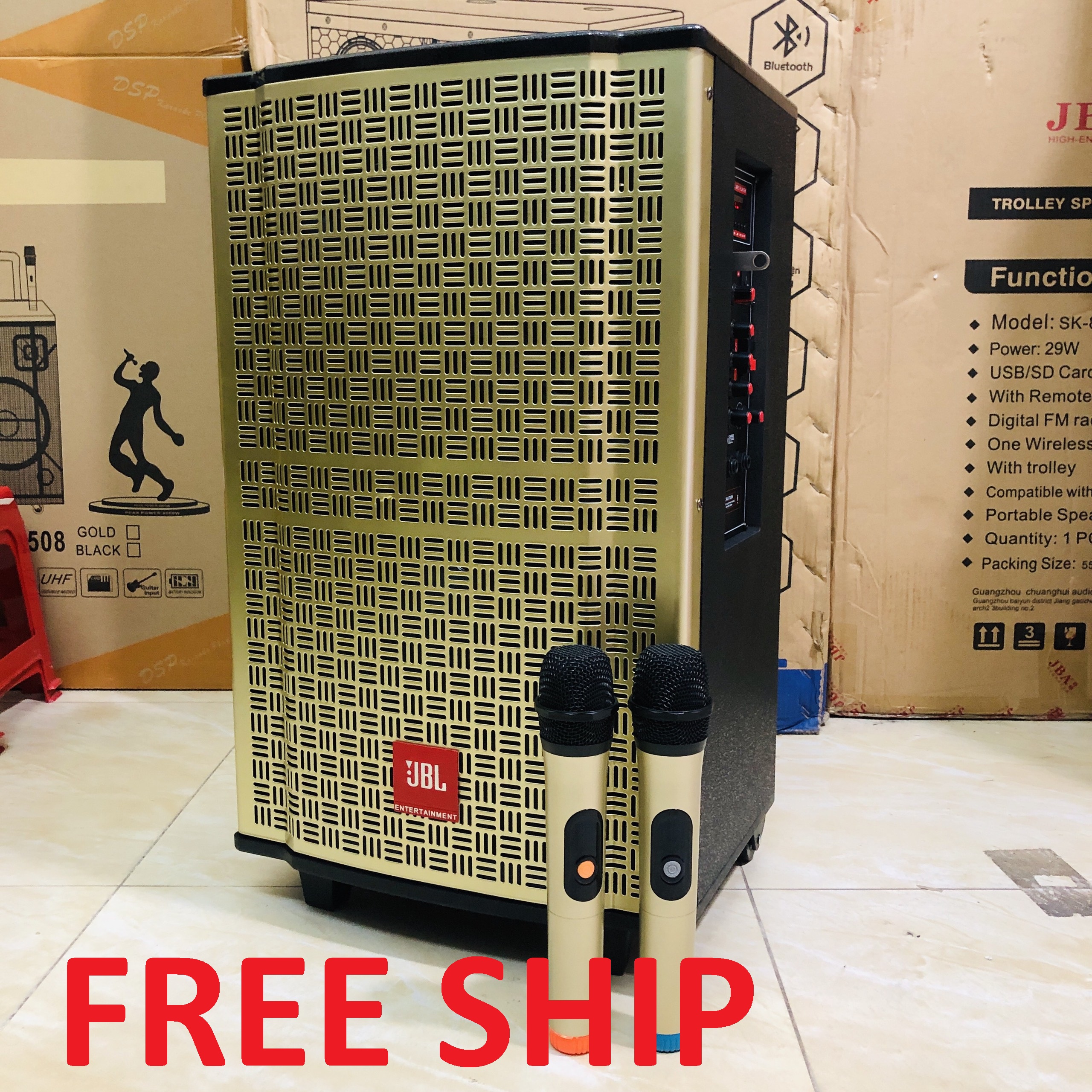 Loa kéo di động jbl bass 30 , vỏ gỗ cao cấp , tặng 2 micro không dây cao cấp hát hút âm