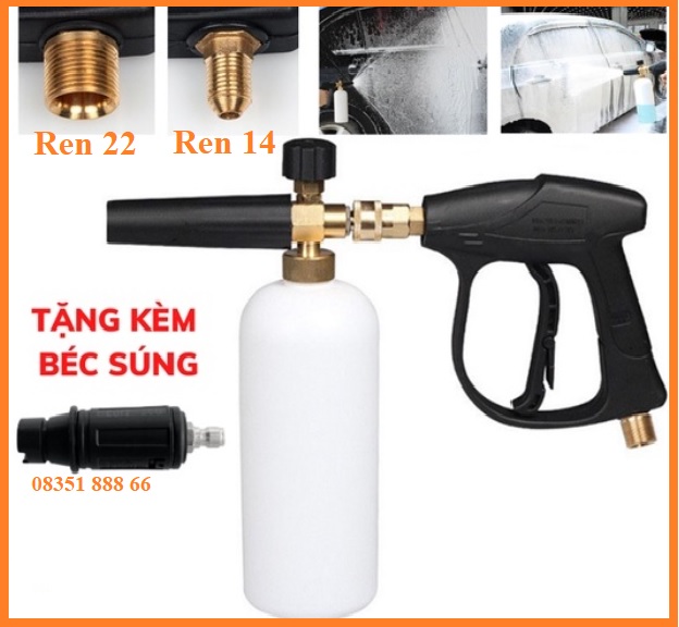 Bộ súng xịt rửa xe và bình tạo bọt tuyết cao cấp cho máy rửa xe áp lực cao, máy xịt rửa (Ren ngoài 22mm)