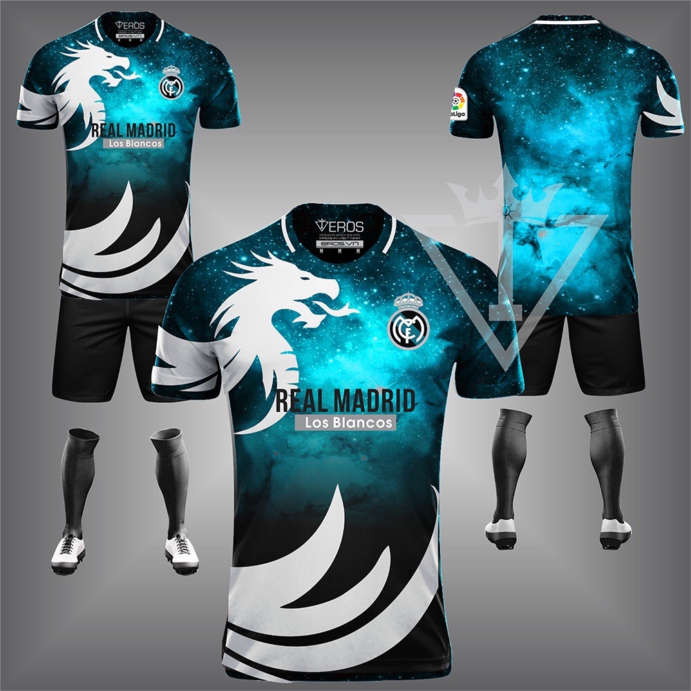 [HCM]Bộ quần áo bóng đá Real xanh ngọc Galaxy rồng trắng cực đẹp Eros T10