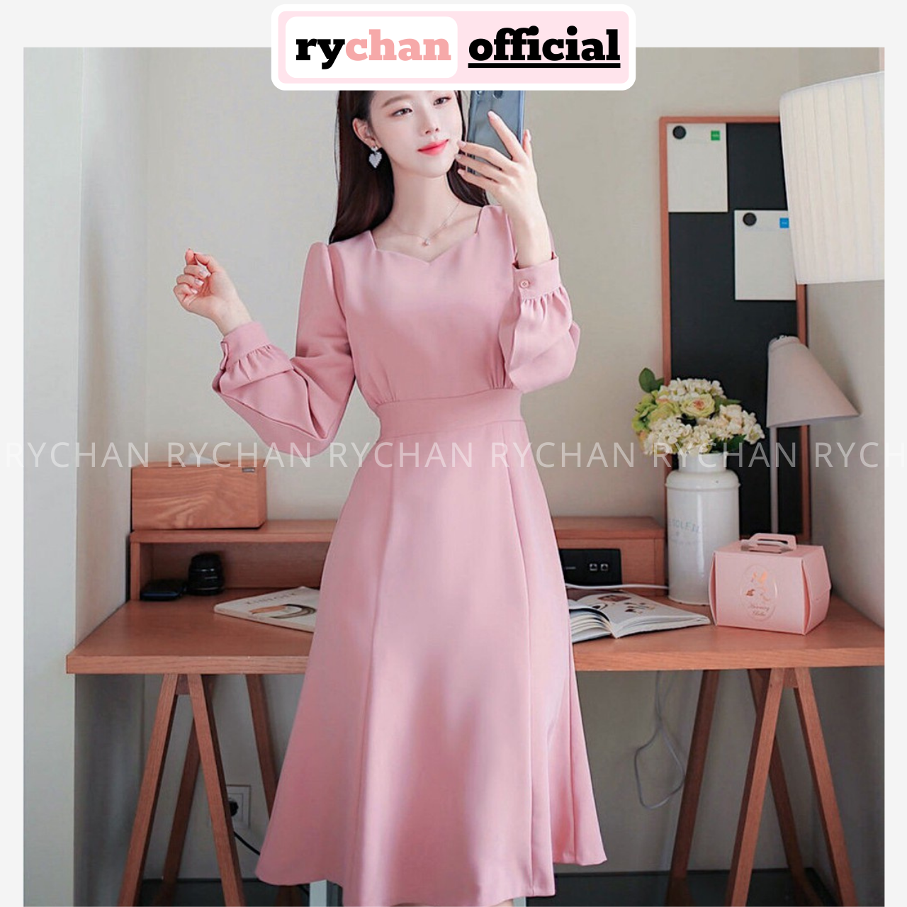 Đầm xòe hồng cổ v tay dài buộc eo - dx832