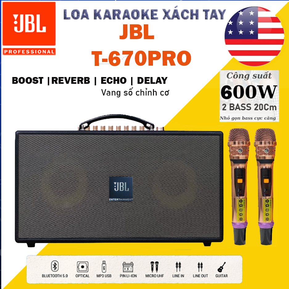 (LOA MỸ NHẬP KHẨU ) Loa Xách Tay Karaoke Di Động JBL T-670 PRO + JBL Z99 PRO , Tặng Kèm 2 Micro Siêu Ngon, Công Suất 600W ,Bass Cực Mạnh ,Thiết Kế Loa 2 Bass 20cm 1Trung 1Treble, Bluetooth 5.0, AUX,USB, Bộ Xử Lý Vang Số DSP Echo,Delay, Reverd.