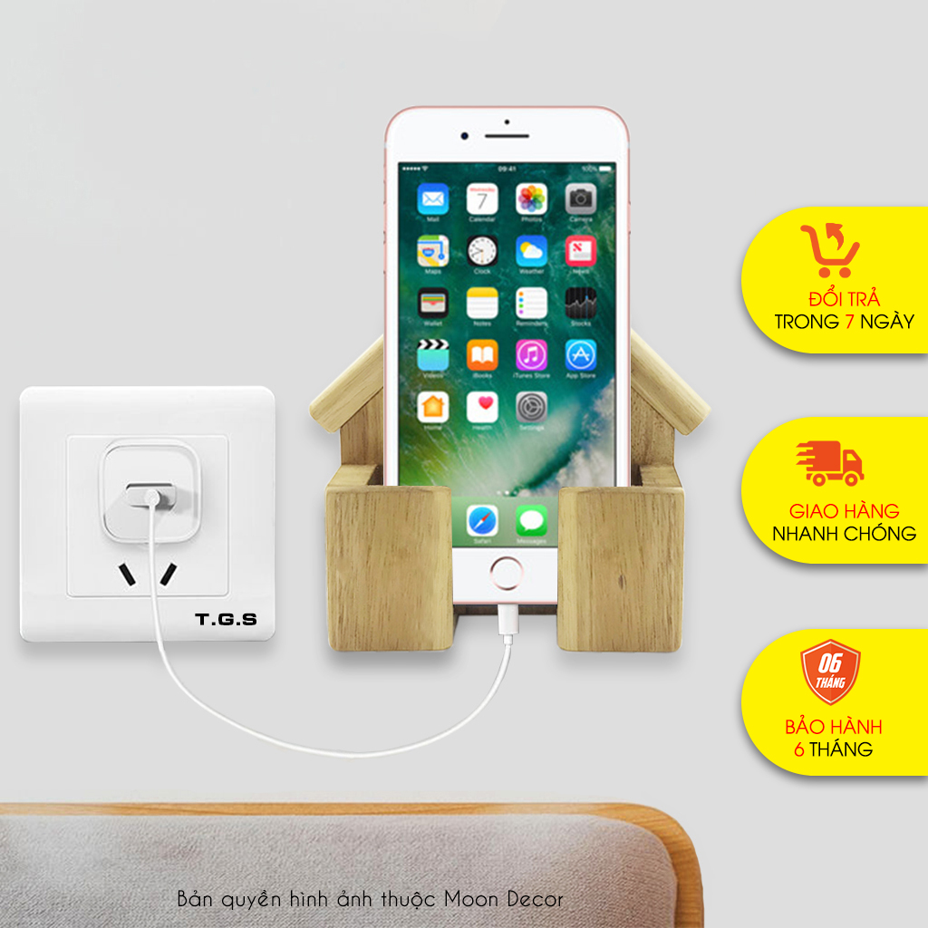 Kệ dán tường để điện thoại khi sạc kệ đựng remote điều khiển hình ngôi nhà bằng gỗ tự nhiên không cần khoan tường