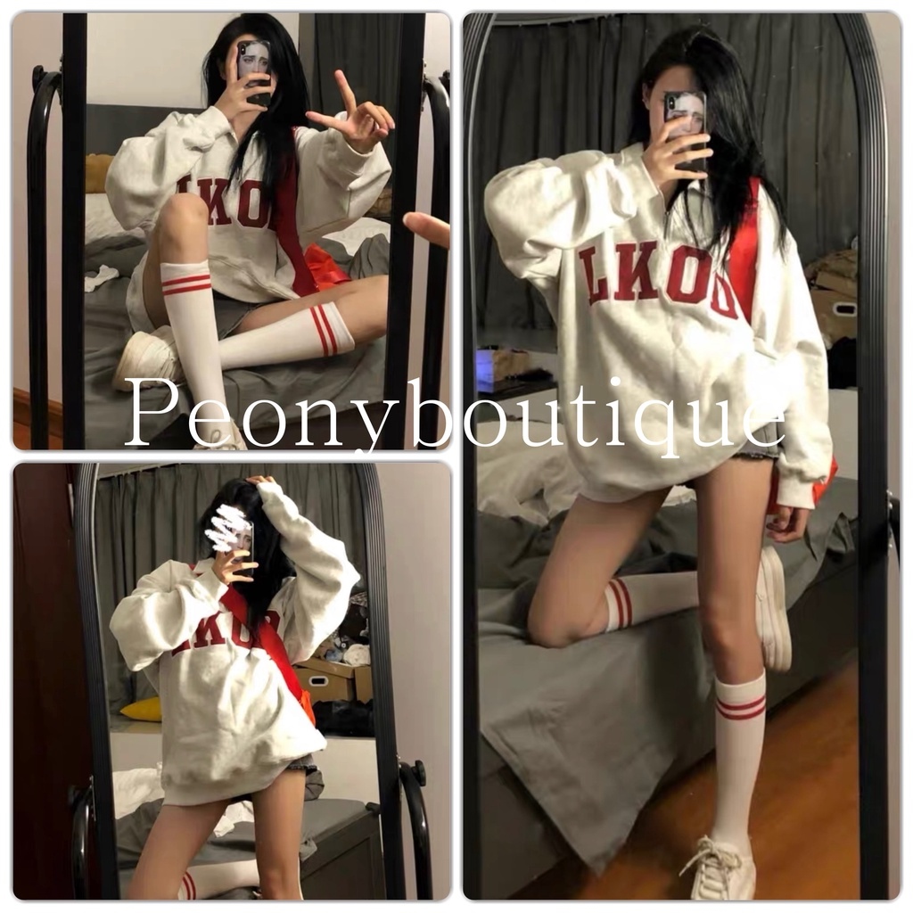 【HOT SALE】 Áo Nỉ Cổ Cao Lkoo PEONYB Nữ Sweater form rộng tay bồng hoodie zip thêu chữ đỏ cá tính Ulzzang 🌸