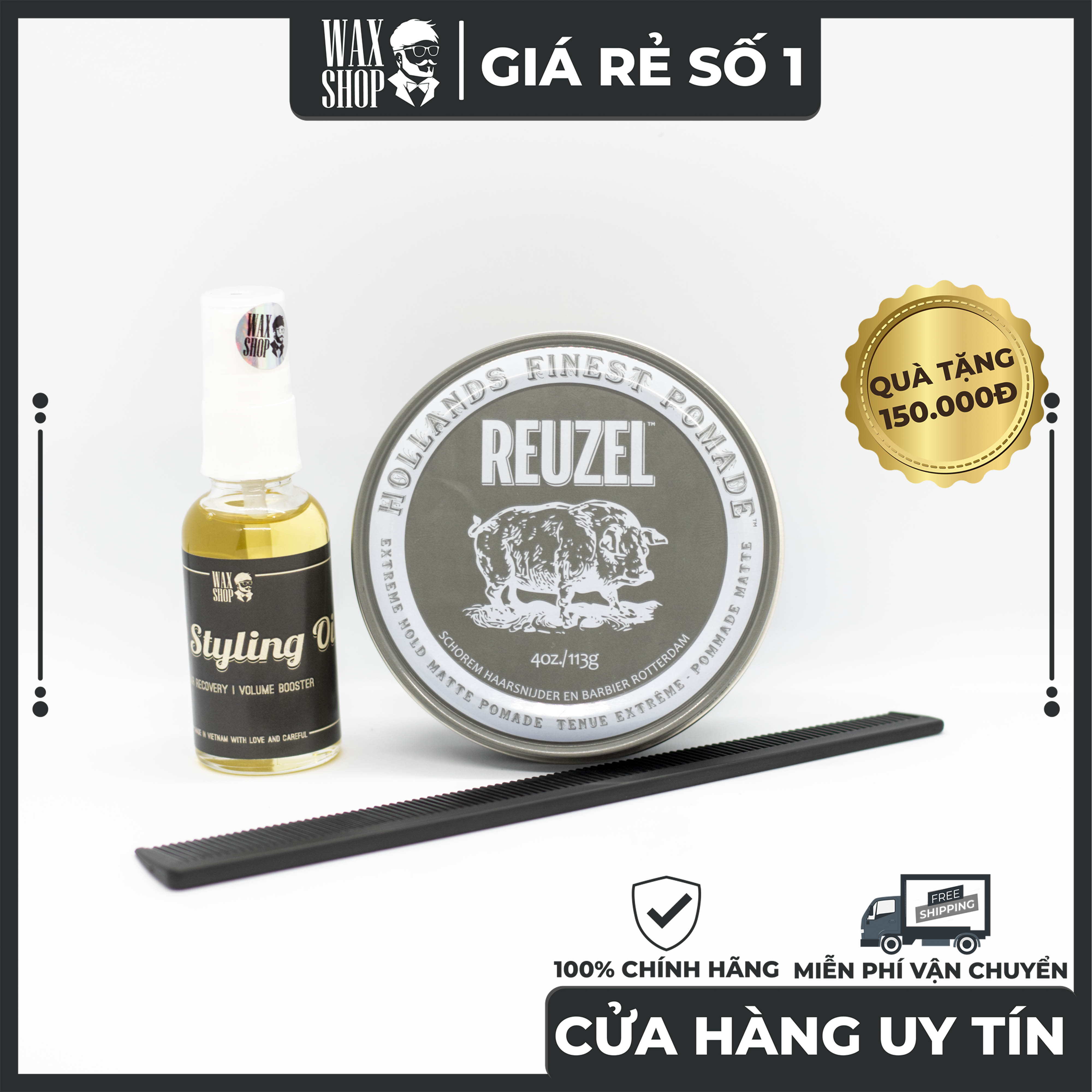 Sáp vuốt tóc reuzel extreme hold matte pomade 113g⚡⚡siêu thơm giữ nếp tốt tặng kèm pre-styling oil và lược