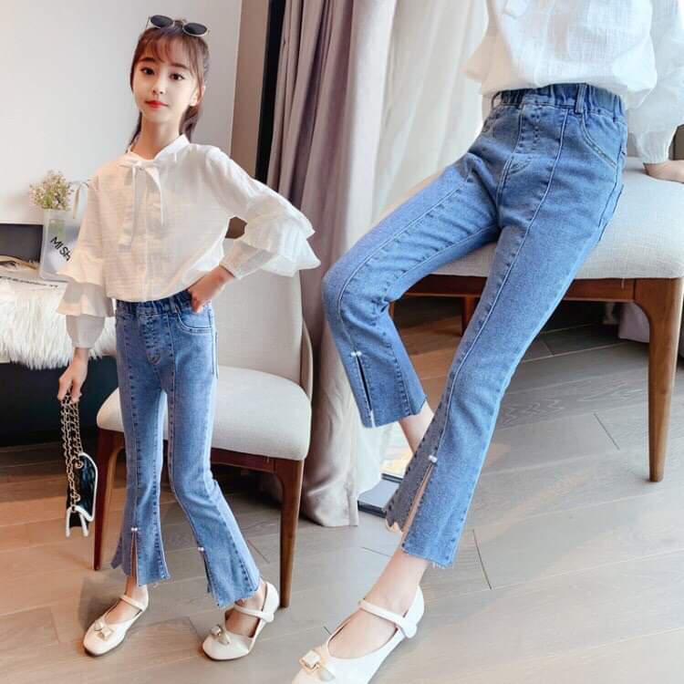 Quần jean dài ống loe đính nơ xinh xắn cho bé gái 17-35kg