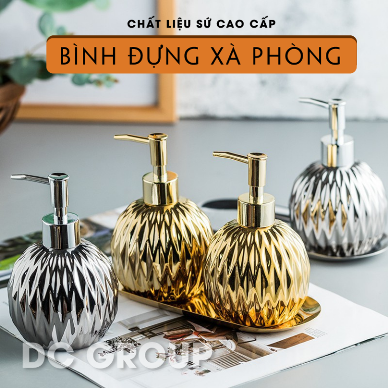 Bình sứ đựng nước rửa tay, sữa tắm, dầu gội mạ vàng cao cấp Dung tích 400ml( Bán lẻ khay và bình)