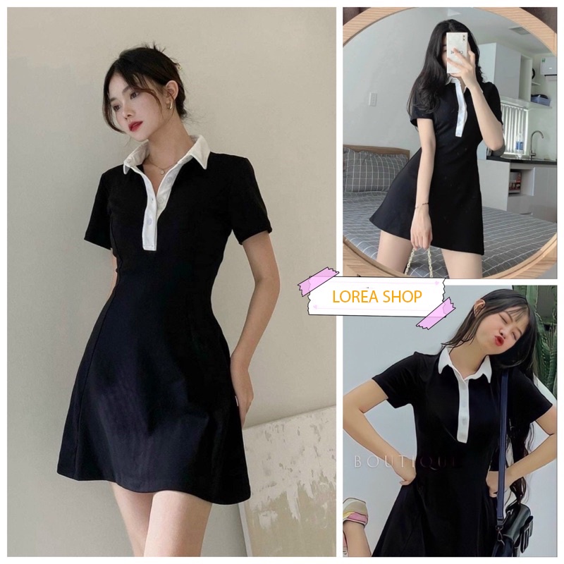 Váy polo cổ đức , đầm polo thun suông ôm body cổ bẻ cúc cài