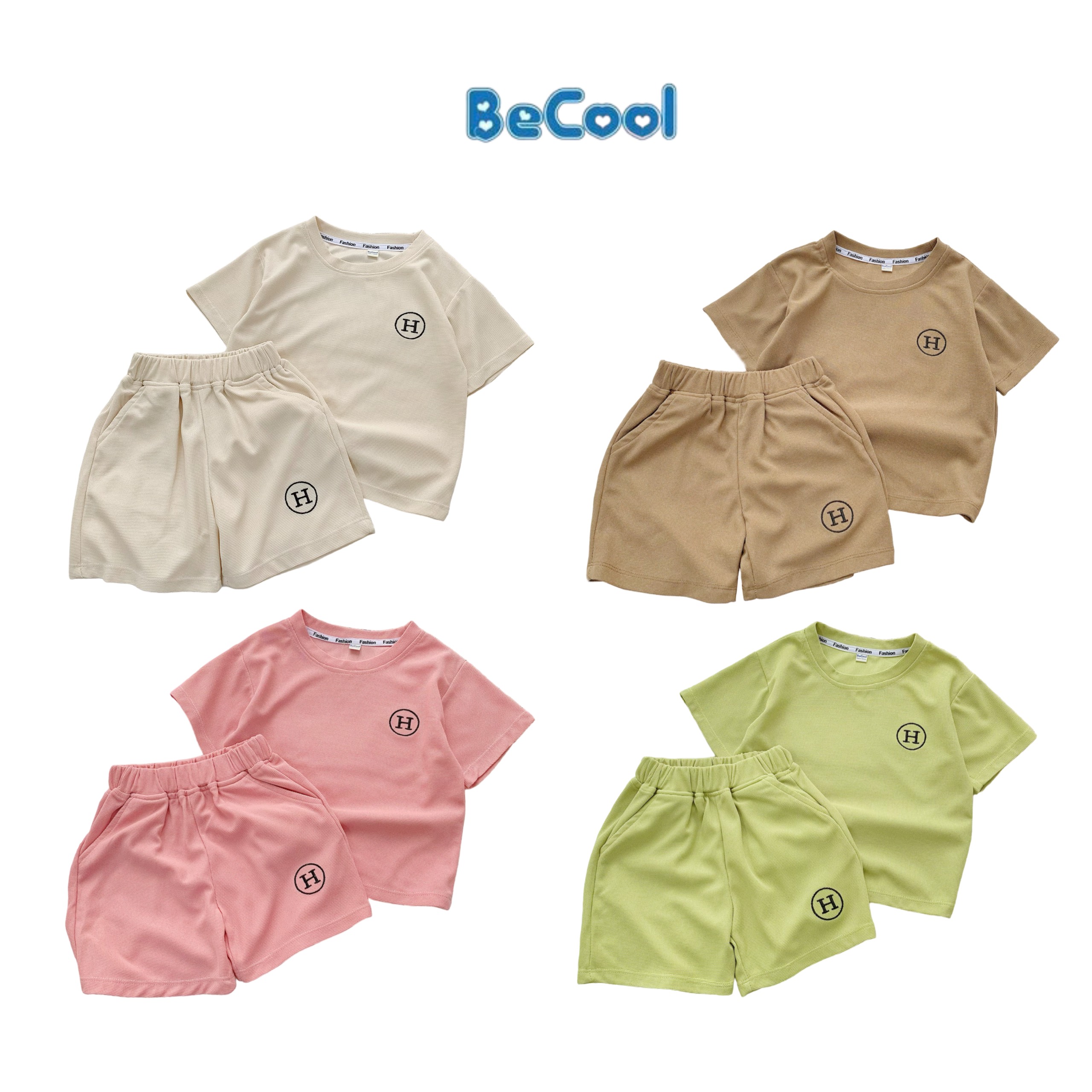 Bộ cộc tay thêu hình chữ h becool, bộ cộc tay chất tổ ong thêu chữ h cho bé từ 8-27kg