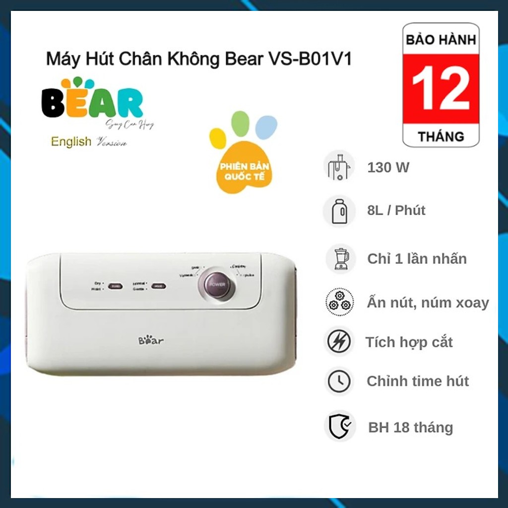 Máy hàn miệng túi-máy hút chân không bear vs-b01v1 + tặng kèm set 20 túi chuyên dụng, phiên bản quốc tế được tích hợp 4 tính năng hút chân không, hàn miệng túi, cắt túi và hút chân không dạng hộp vô cùng tiện lợi bảo hành 12t