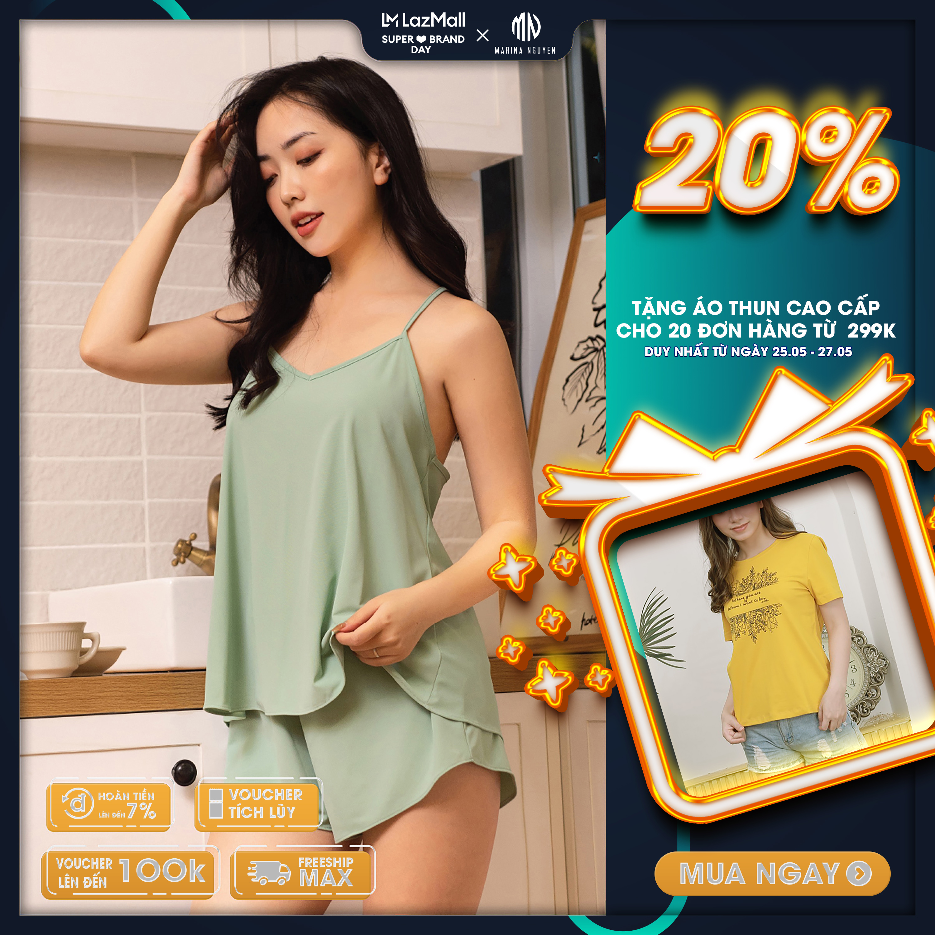 Bộ đồ ngủ nữ marina nguyễn, thiết kế áo 2 dây sexy, vải cotton lạnh, thoáng mát 323012
