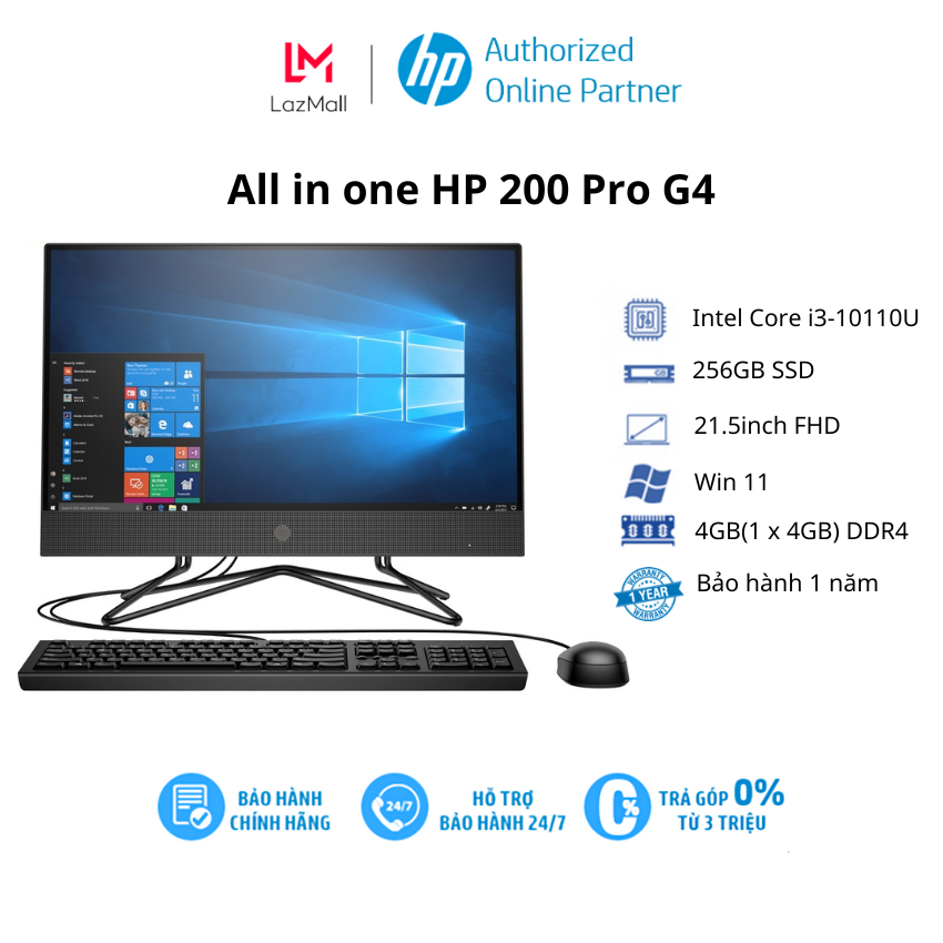 Máy tính để bàn all in one hp 200 pro g4 / intel core i3-10110u/ ram 4gb/ 256gb ssd/ intel uhd graphics/ 21.5inch fhd/ wl bt/ k&m/ win 11h/ 1yr