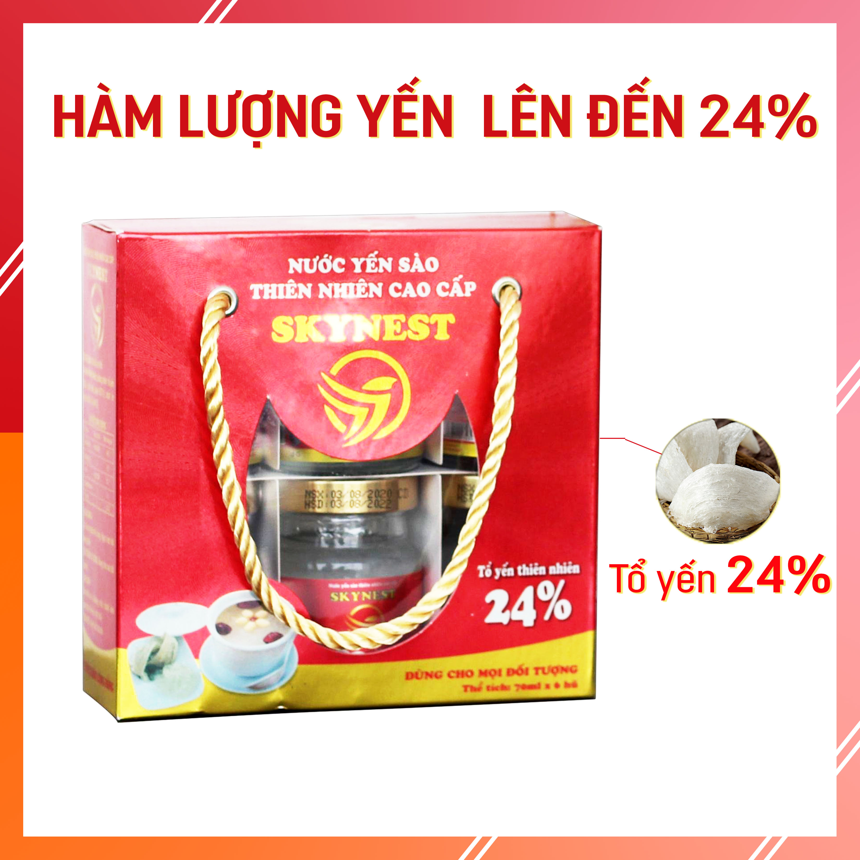 Yến sào Skynest (24% yến) lượng yến nhiều thuộc top trên thị trường có tác dụng làm sạch phổi và cơ quan hô hấp, tăng đề kháng ngăn ngừa cúm, các triệu chứng dị ứng nhưng lại không làm tăng cân lốc 6 lọ (70ml/lọ)