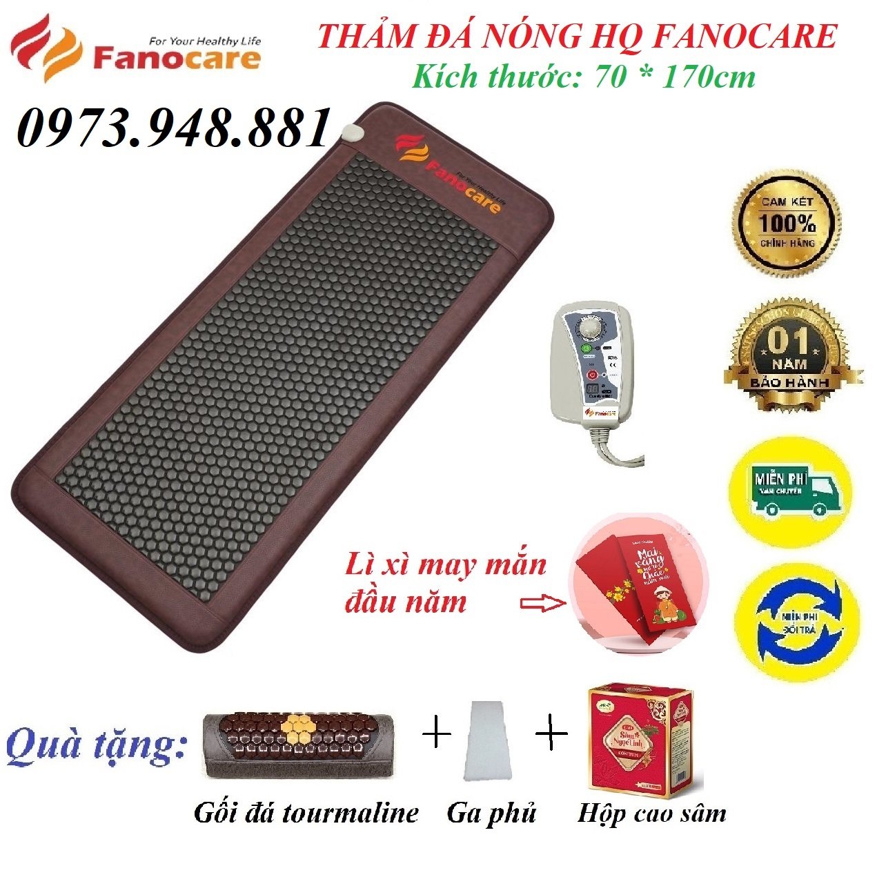 Thảm đá nhiệt nóng HQ Fanocare KT 70*170cm đá lục giác đen (Tặng kèm 3 quà tặng)