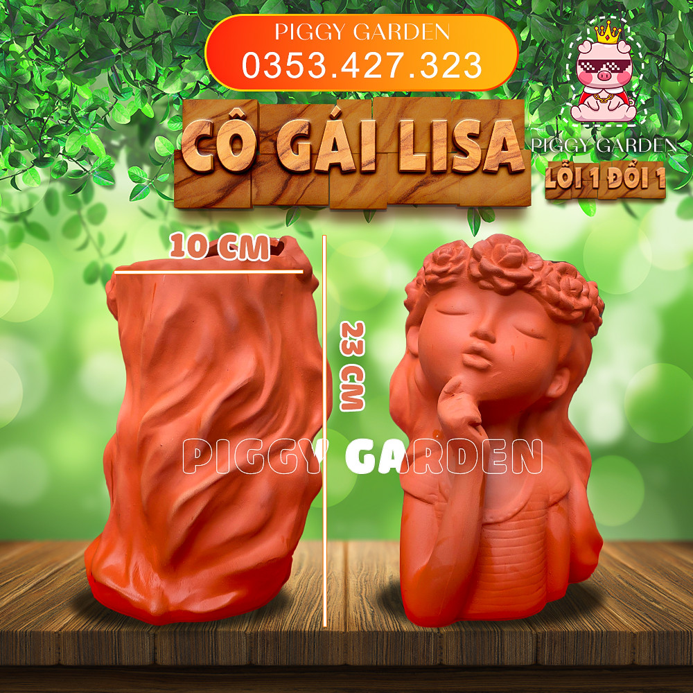 Chậu đất nung - Chậu trồng sen đá, xương rồng - Chậu cô gái Lisa miệng 10cm, cao 23cm