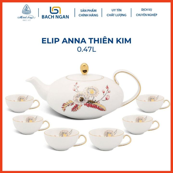 Bộ Ấm Trà Gốm Sứ Cao Cấp Minh Long Elip 0.47 L - Anna Thiên Kim hàng đẹp, sang trọng đãi khách, quà tặng - 6 tách