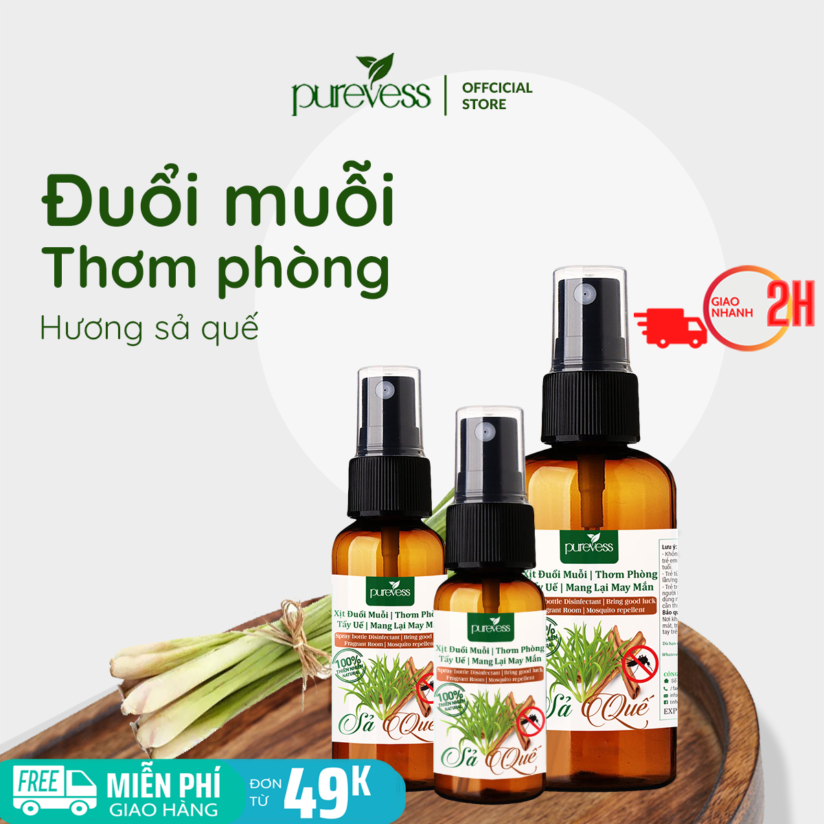 Chai xịt đuổi muỗi, tinh dầu sả quế đuổi muỗi, tinh dầu thơm phòng - Purevess gian hàng chính hãng