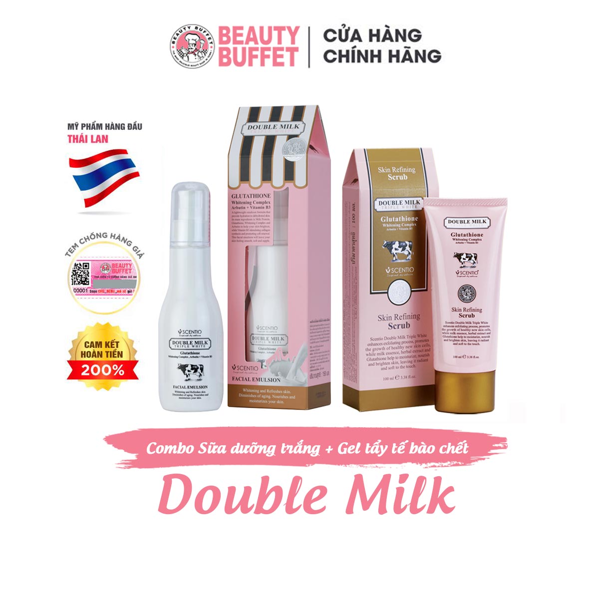 Combo sữa dưỡng trắng da mặt 150ml + tẩy tế bào chết da mặt và da toàn thân 100ml Scentio Double Milk Triple White