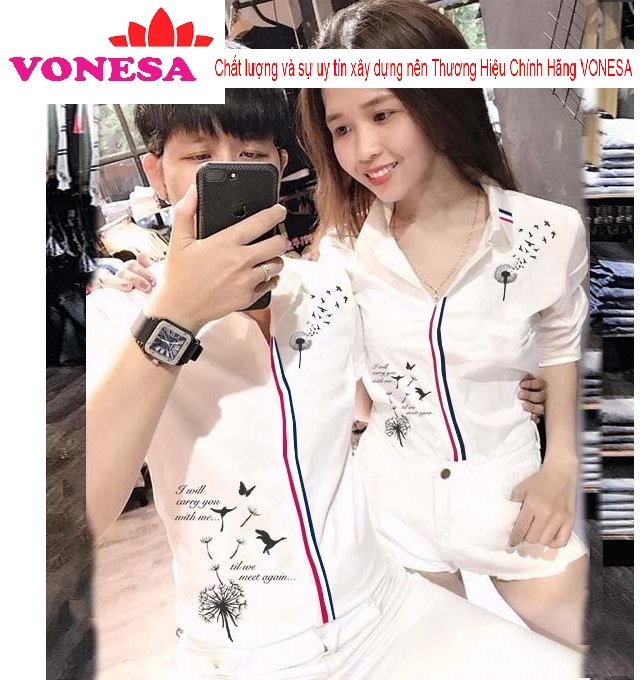 Áo sơ mi đôi nam nữ đẹp phối viền họa tiết