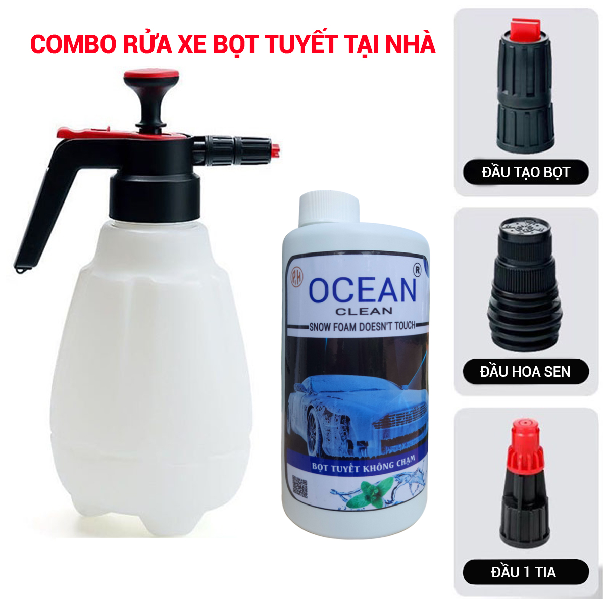 Bộ rửa xe bọt tuyết tại nhà tiện dụng bình tạo bọt 2 lít + chai bọt tuyết không chạm ocean 1000 ml