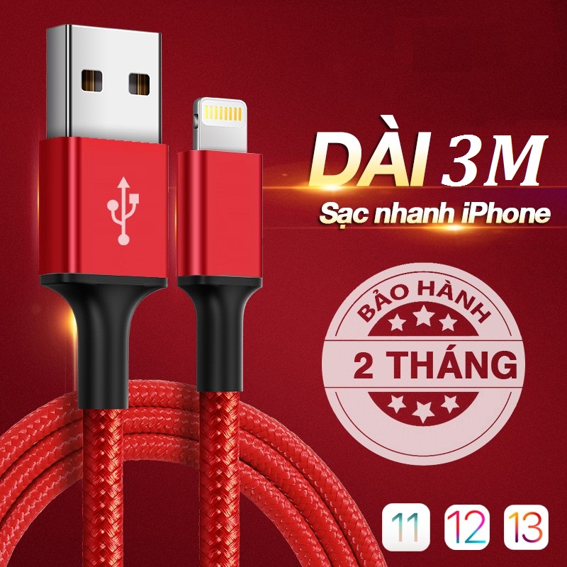 ]dây cáp dù 3m sạc nhanh cho ipad , iphone 4,4s,5,5s 6,6s,7,8plus-xr,xs max-bh 1 đổi 1
