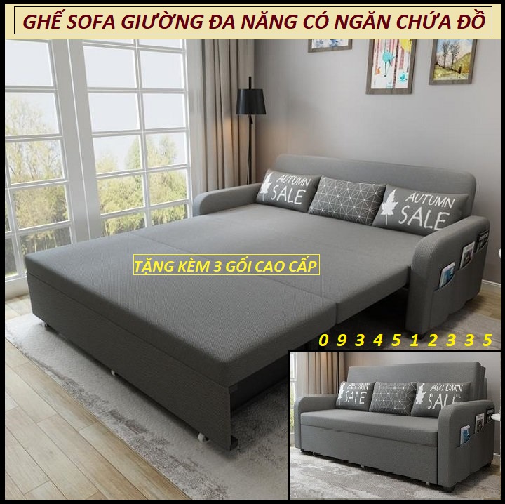 Giường sofa gấp gọn thông minh. ghế sofa giường có ngăn chứa đồ. sofa giường đa năng kt 1m6 x 1m90 tặng kèm 3 gối. sofa bed.