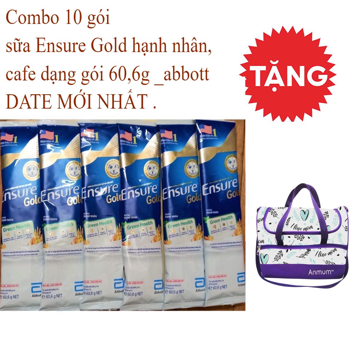 Combo 10 gói , sữa Ensure Gold hạnh nhân, cafe dạng gói 60,6g _abbott
