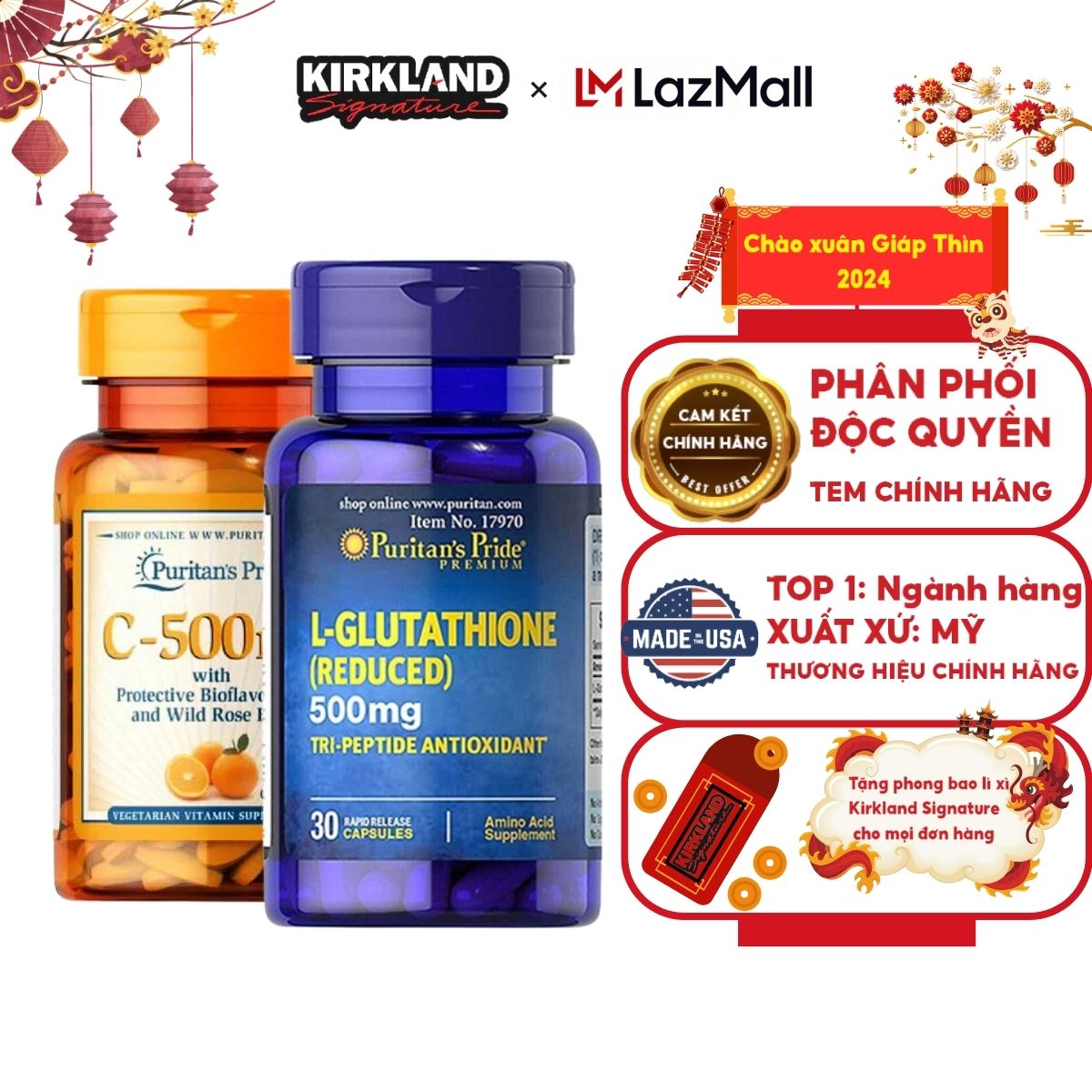 Combo trắng da, mờ nám, chống Oxy hoá L- Glutathione 500mg & Vitamin C 500mg Puritan’s Pride của Mỹ