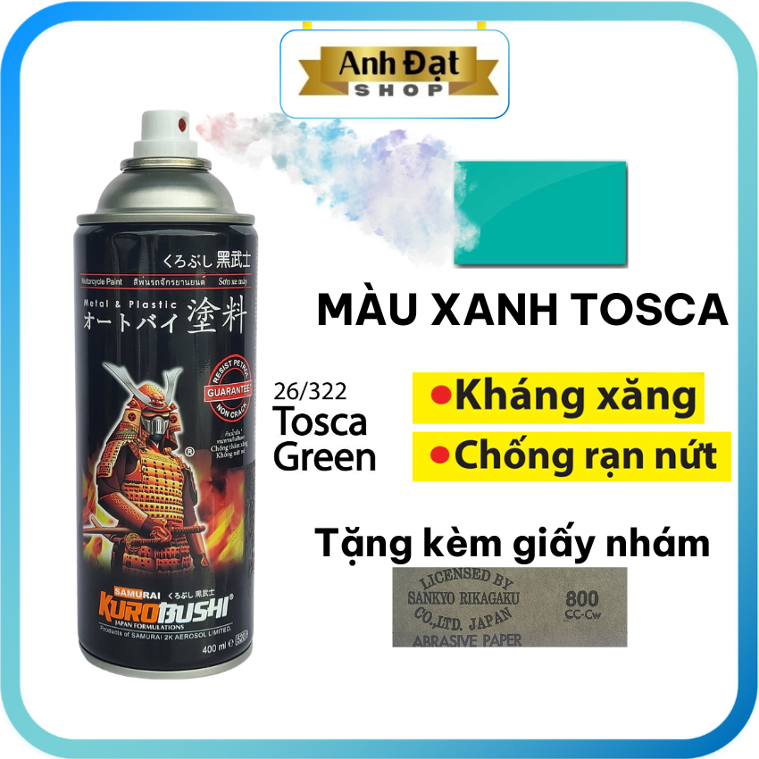 Sơn samurai màu xanh tosca 322, dung tích 400ml, có khả năng kháng xăng , chống rạn nứt, anh đạt shop