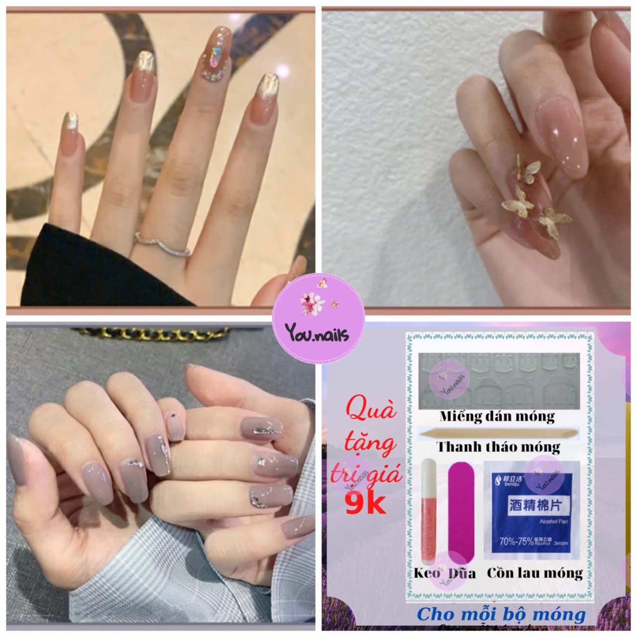 Set 24 móng tay giả đính đá cao cấp kèm keo )