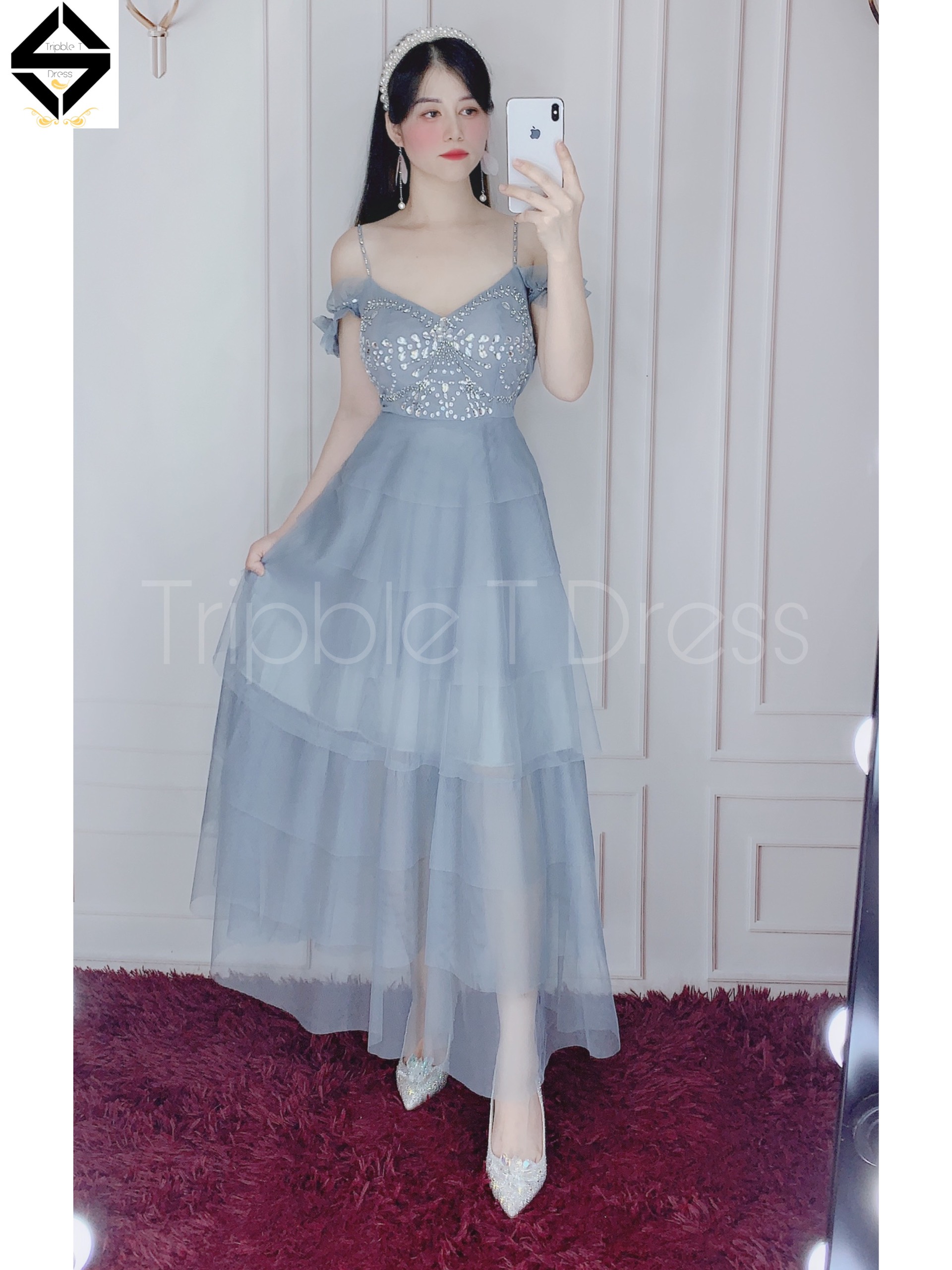 Đầm dự tiệc xếp tầng kết đá pha lê siêu xinh tripble t dress -size m/l - ms300v