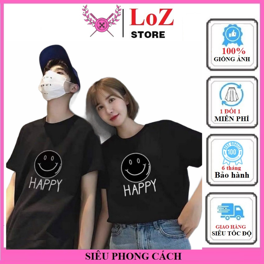 [ SIÊU PHONG CÁCH ]  Áo thun đôi( giá đã gồm 2 áo) - áo thun đôi áo cặp nam nữ in hình cười kèm chữ hạnh phúc tiếng anh.LOZITAR . { HÀNG ĐẸP } Mặc Đi Học, Đi Chơi, Áo Thun Nữ Cotton họa tiết thời trang trẻ trung năng động chất liệu thun  cao cấp