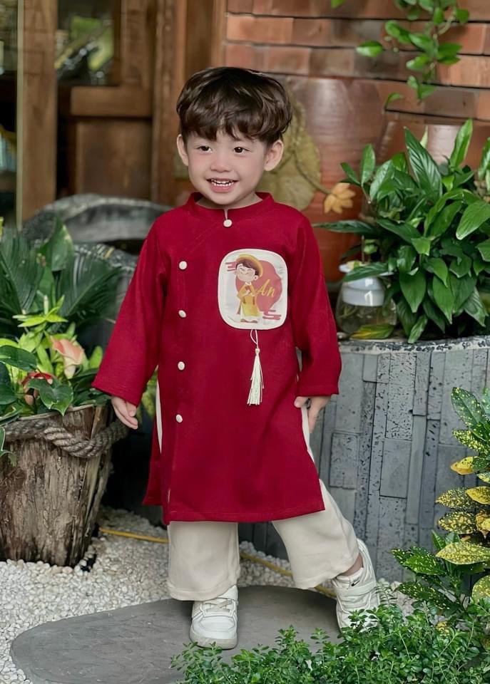 Áo dài tết bé trai gồm áo gấm đỏ và quần trắng 10-30kg XHN1479