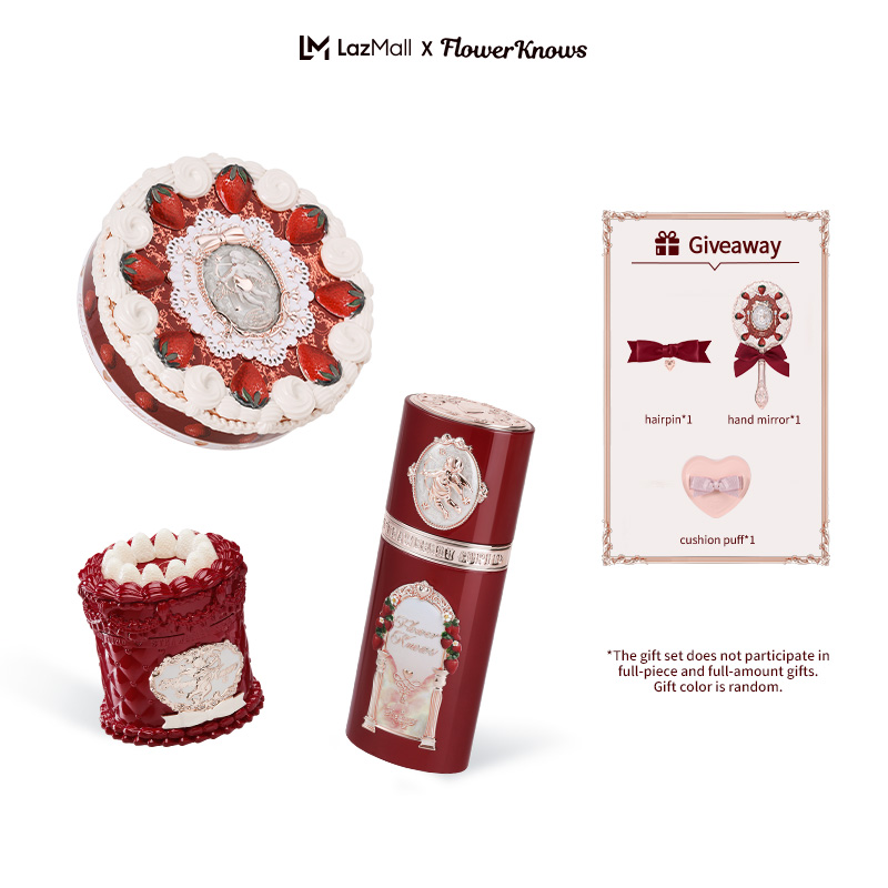Flower Knows Strawberry Cupid Collection Makeup Gift Set Includes Cake Lip Cream+Liquid Blush+Pressed Powder