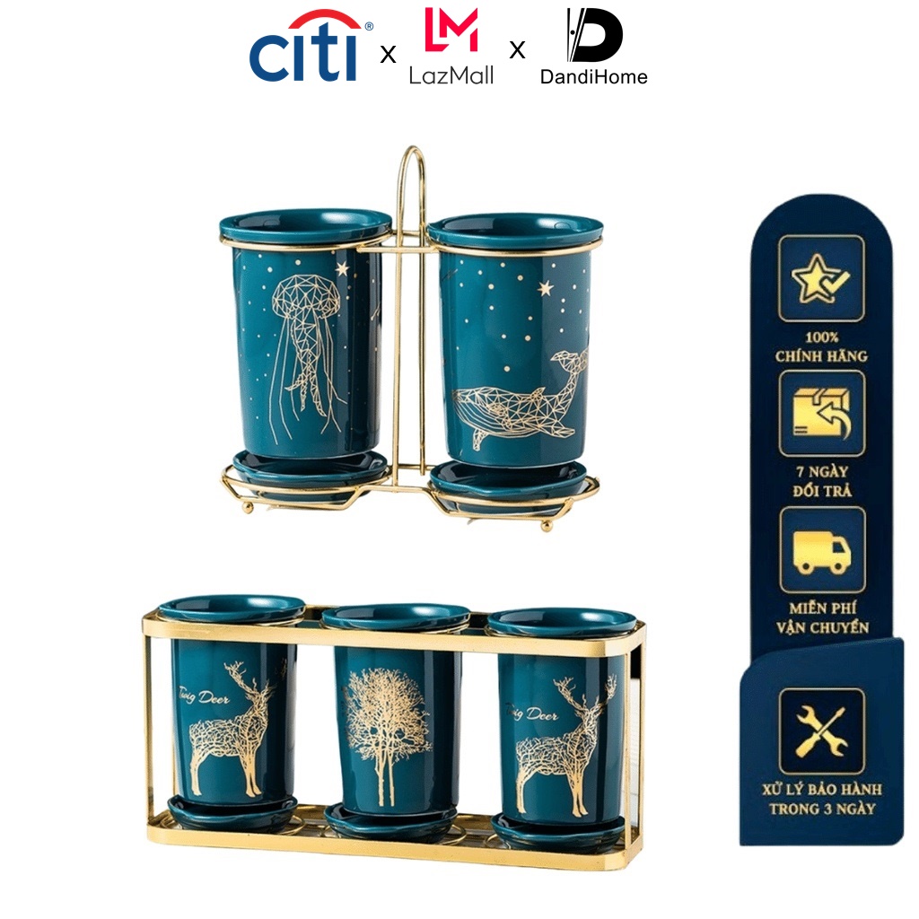 Bộ ống đựng sứ QH.Home DandiHome đựng đũa, thìa, muỗng cao cấp kèm khung thép