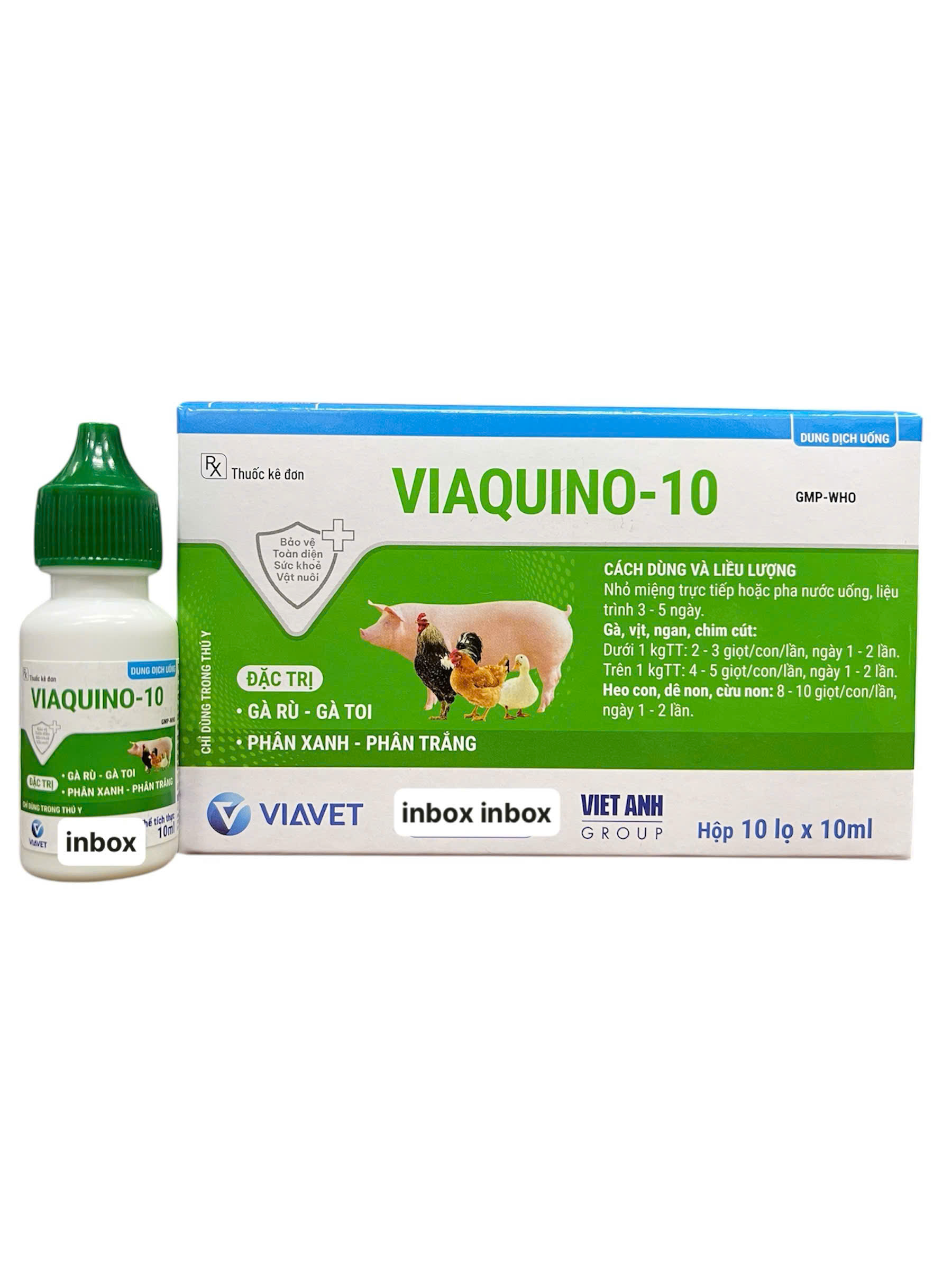 Hộp 10 chai Viaquino 10 Phòng trị gà rù gà toi và phân xanh phân trắng trên gà vịt