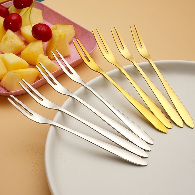 Set 5 nĩa ăn trái cây vàng bạc inox 304 - Nĩa Ăn Trái Cây - nĩa 2 răng - nĩa ăn hoa quả  - nia inox