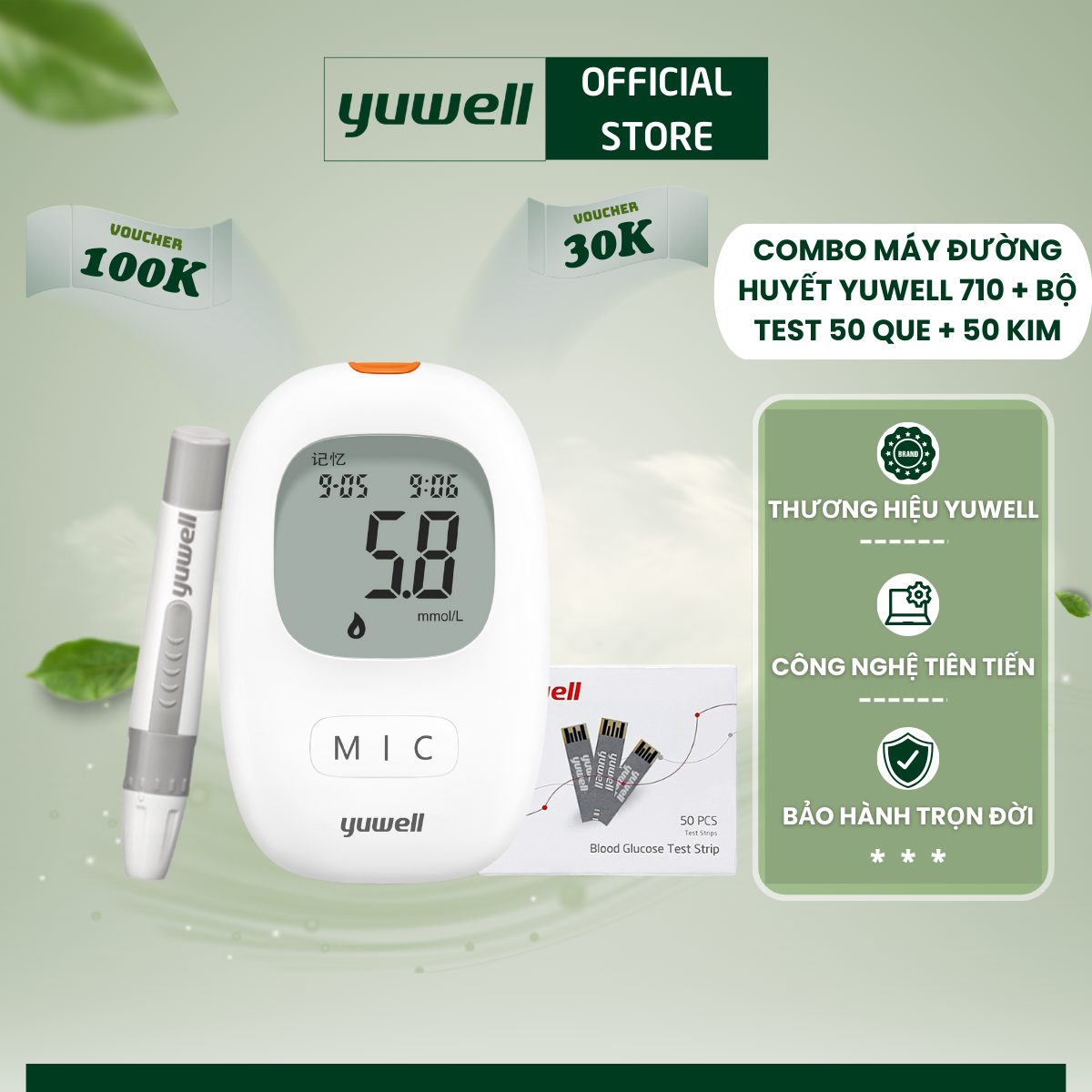 Máy đo đường huyết Yuwell 710, kèm 60 que thử đường huyết và 60 kim lấy máu.