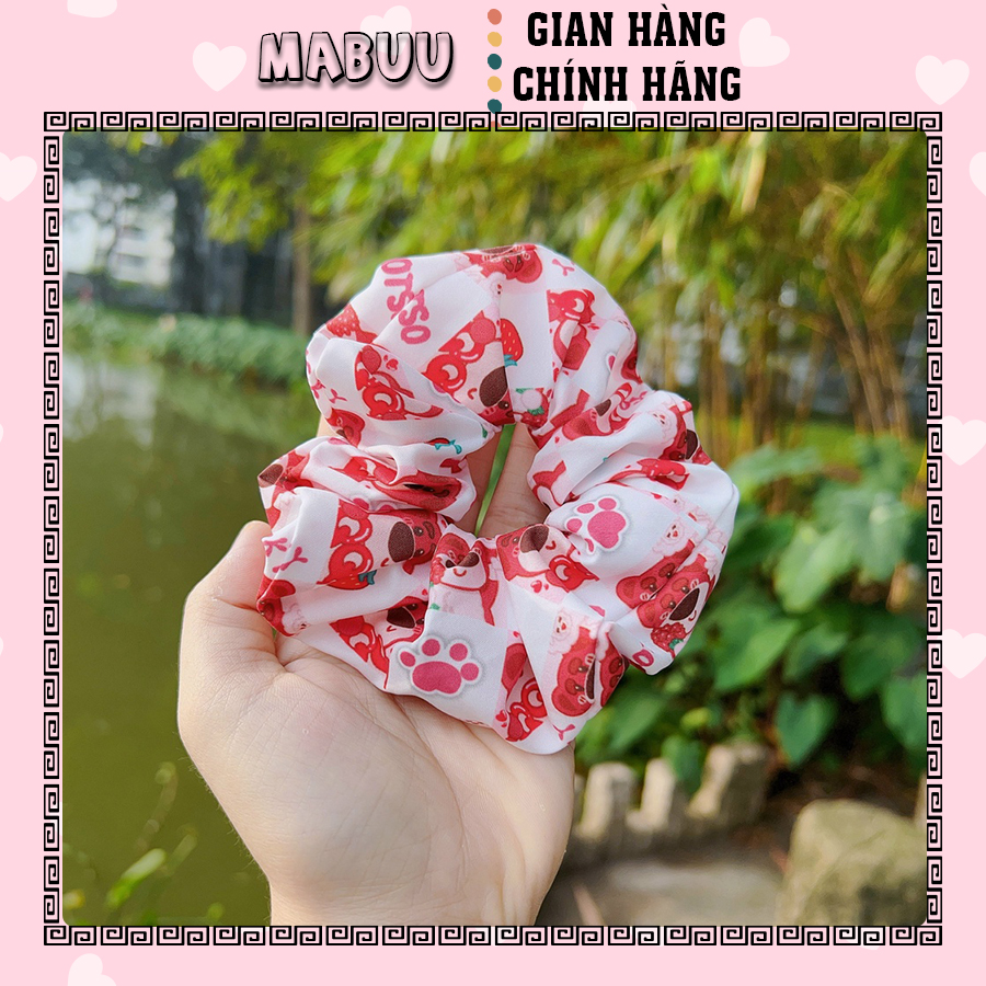 Scrunchies vải cột tóc, dây cột tóc nhiều mẫu xinh gấu dâu, hoa, trái cây. Form may đẹp