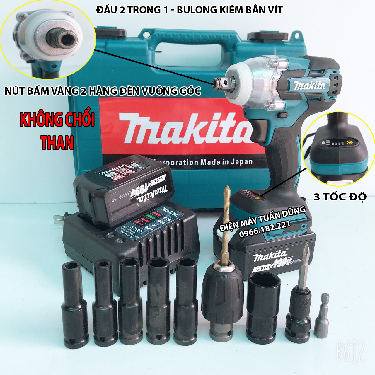 Máy bắn vít tôn bulong dùng pin Makita 199V Lực siết 500Nm BỘ SẢN PHẨM 2 PIN TẶNG BỘ PHỤ KIỆN 10N + MŨI KHOAN 6 + 5 KD